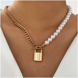 Cimenexe Punk Lock Pendant Necklace Big Pearl Choker Necklace Gold Curb Chain Necklace Vintage Toggle Necklace Choker Jewelry for Women and Girls