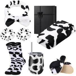 Skicuff 7 Pcs Christmas Gift Set for Women Including 12 oz Cow Pattern Stainless Steel Tumbler with Lids and Straws Throw Blanket Sock Slippers Headband Hair Band for Cow Lovers(7.5-8.5)