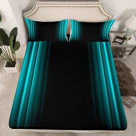 Geometric Abstract Ombre Bed Sheets Kids Teens Teal and Black Striped Sheet Set Decor Modern Fashion Bed Set Bedroom Collection 3Pcs Twin Size