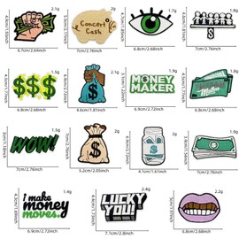 15pcs Money Theme Iron on Patches, USD Dollar Signs Financial Motifs Embroidered Trucker Hat Sew on Applique Patches for Hats,Jeans,Jackets,Backpacks,Dress，Clothes DIY Craft