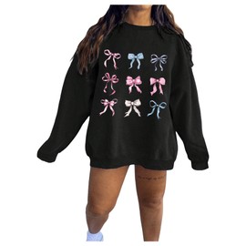 SOLY HUX Women's Plus Size Y2k Coquette Sweatshirt Bow Print Graphic Drop Shoulder Long Sleeve Oversized Pullover Top Black Bow US24/26