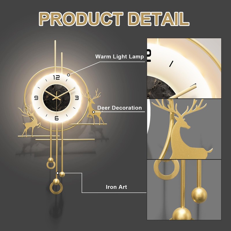HEBOIX Gold Wall Clock for Living Room,Large Gold Decorative Wall