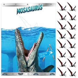 Mosasaurus Pin the Tail Party Game - Dinosaur Pin Game for Kids Birthday, Prehistoric Ocean Themed Party Supplies, Jurassic Mosasaurus Poster with 16 Pterosaur Stickers
