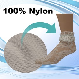 EMEM Apparel Women's Ladies Lace Anklet Ankle Quarter Socks Stockings with Ruffle Ivory 9-11