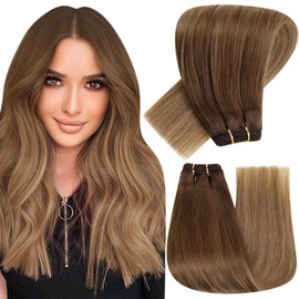 Hetto Balayage Real Hair Weft Extensions, Medium Brown to Light Brown and Darkest Blonde Weft Extensions, Natural Sew in Weft Real Hair Ombre Blonde 80 g 40 cm
