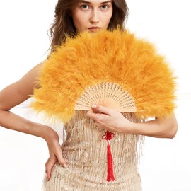 Happy Feather Handheld Marabou Feather Fan, 1920s Vintage Style Flapper Hand Fan for Costume Party and Dancing(No-Electric, No-Battery)-Gold