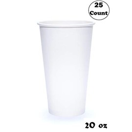 EcoQuality Durable Disposable Paper Cups & Flat Lids For Hot/Cold Drink, Coffee, Tea, Cocoa, Travel - Extra Large 20 Ounce Cups, 25 Count Cups & 25 White Flat Lids - White
