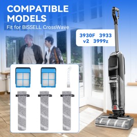 Brush Roll Filter Replacement for Bissell Crosswave OmniForce EDGE 3930F/3933/v2/3999z Cordless Multi-Surface Hard Floor Cleaner Wet Dry Vacuum Accessories, 3 Brush Rolls, 2 Filters, 1 Cleaning Brush