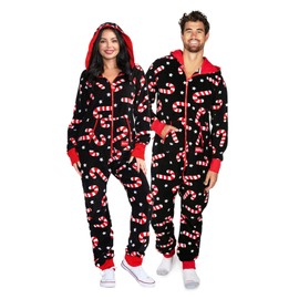 Tipsy Elves Christmas Onesies for Adults - Comfy Unisex Matching Holiday Jumpsuits with Convenient Pockets - Black Candy Cane Lane Christmas Jumpsuit Size Medium