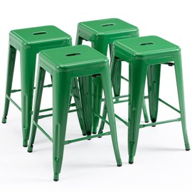 Vogue Furniture Direct 24 Inch Metal Bar Stools, Backless Counter Height Barstools, Indoor Outdoor Stackable Stools with Square Seat, Set of 4 (Green)
