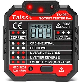 Taiss Power Tester, Socket Tester with Voltage Display, LCD Display, 48-250 V, Automatic Circuit, Polarity Voltage Detector, Wall Plug Interrupter, TA106D