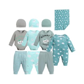 Renotemy Newborn Baby Boy Girl Clothes Fall Winter Essentials 11-Piece Layette Set with Bodysuits, Pants, Hat, Blanket Infant Unisex Outfit Gift Sets for Coming Home, Hospital (0-3 Months,Sky)