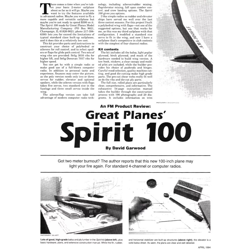 Great Planes Model Airplane Plans (RC): SPIRIT 100 99½" Wingspan