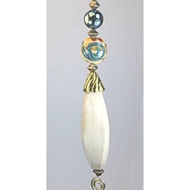 Long Blonde Light Wood with Cream & Metallic Green Iridescent Glass Ceiling Fan Pull Chain