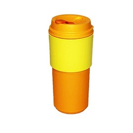 Tupperware Eco To Go Tumbler 16 oz Orange Travel Coffee Cup with Yellow Sleeve