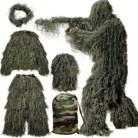 Slsy 5 in 1 Ghillie Suit, 3D Camouflage Hunting Apparel Including Jacket, Pants, Hood, Carry Bag Suitable for Unisex Adults/Youth (M/L/XL/XXL) - Size: M/L - for adults