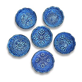 Handmade Decorative Turkish Ceramic Mini Pinch Bowls Set of 6 – Small Dipping & Serving Sauce Bowls, Blue Charcuterie Accessories, Hand-Painted Floral Pattern Snack Dishes for Kitchen & Table Decor