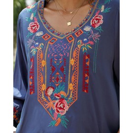 AK Embroidered Tops for Women 3/4 Sleeve Peasant Blouse Mexican Shirts V Neck Traditional Tunic Casual Tops (Grey, S)