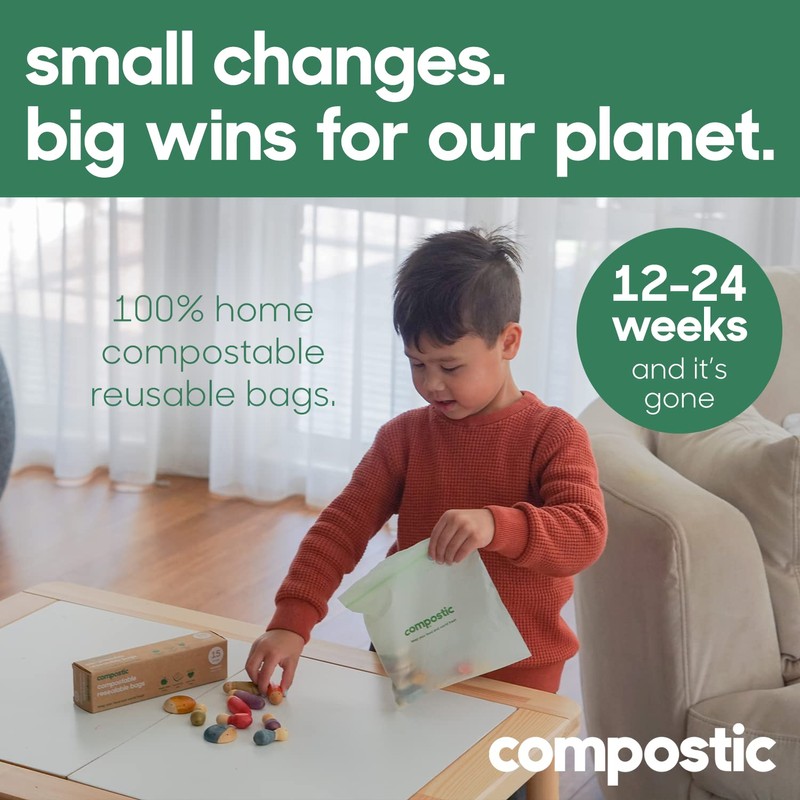 Compostic Home Compostable Resealable Gallon Bags, Microwave & Freezer Safe,