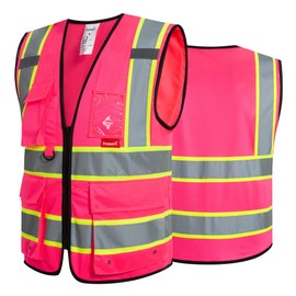 ProtectX 9 Pockets Safety Vest for Men Women High Visibility Reflective Vest for Construction Work Class 2, Pink, 3X-Large