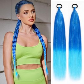 2 Pack Tinsel Ponytail Extension with Tie, Tinsel Colored Braided Ponytail, Gradient Blue DIY Festival Wacky Rave Braids, 26 Inch