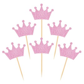 Decoraciones para cupcakes de corona, 48 unidades, color rosa con purpurina, para baby shower, fiesta de cumpleaños, suministros de decoración