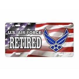 Military Veteran or Retired Front Plate, American Flag Design, Military Decorative Vanity Car Tag 12 x 6 inches (Air Force Retired)