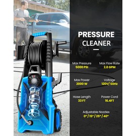 Pressure Cleaner High Power Cleaner with 33ft Pressure Hose Reel, 4 Nozzles and 500ml Foam Cannon for Cars/Fences/Driveways/Patios/Home Cleaning (Blue)