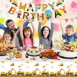 Construction Birthday Party Supplies Tablecloth Happy Birthday Banner, 54 x 108 Inch Rectangular Truck Plastic Table Cover, Construction Table Cloths for Parties Decorations Kids Boys