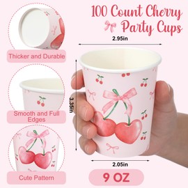 Jingmore 100 Count Cherry Bow Paper Cups Pink Coquette 9 oz Disposable Hot/Cold Beverage Drinking Cups for Girls Cherry and Bows Birthday Baby Shower Bachelorette Weddings Party Supplies