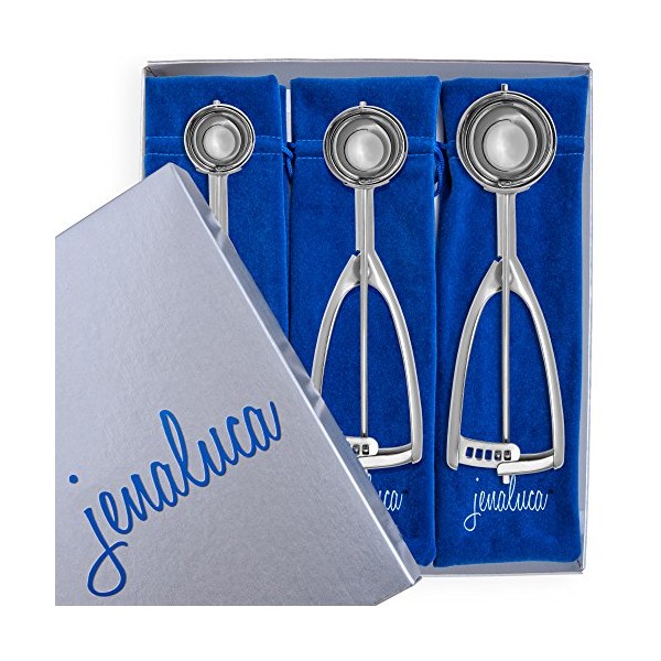Jenaluca Cookie Scoop Set - Cookie Scoops for Baking - Professional Heavy Duty 18/8 Stainless Steel Cookie Scoop, Ice Cream Scooper, Melon Baller in 3 Versatile Sizes - Small Medium Large - Gift Box