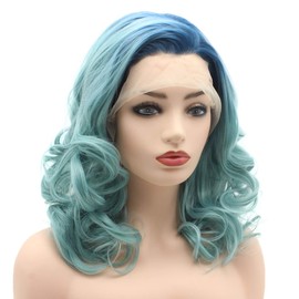 Meiyite Hair Wavy Shoulder Length 16inch Blue Root Light Blue Ombre Half Hand Tied Heat Resistant Synthetic Lace Front Wigs