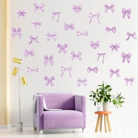 A1diee Purple Bow Wall Stickers - 60Pcs Trendy Light Purple Watercolor Coquette Aesthetic Wall Stickers Bow Knot Baby Room Decor Vinyl Decals Art Wallpaper for Boys Girls Bedroom Kindergarten Nursery