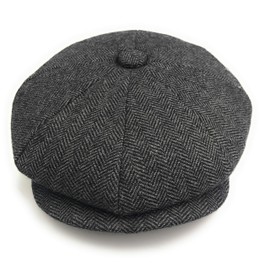 Hats of London Mens Newsboy Cap 8 Panel Grey Herringbone Baker Boy Flat Cap with Snap Button at The Front Small/Medium