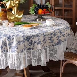 ARTMAGIC Cotton Linen Tablecloth Vintage Blue Floral Pattern Embroidery White Lace Washable Rectangle Table Cloths French Country Decor for Home Holiday Party Picnic (Blue Floral, 70" Round)