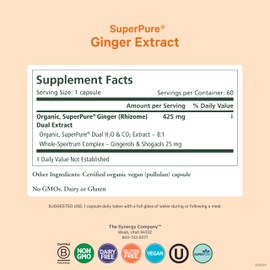 PURE SYNERGY SuperPure Ginger Extract | Organic Ginger Extract Digestive Supplement | for Stomach and Joint Support (60 Capsules)