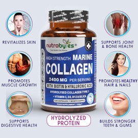 High-Strength Marine Collagen 2400mg with Hyaluronic Acid (100mg), Biotin, Vitamin C, D3, B12, and Silica | 120 Capsules | Premium Hydrolysed Marine Collagen for Men and Women | Made in the UK
