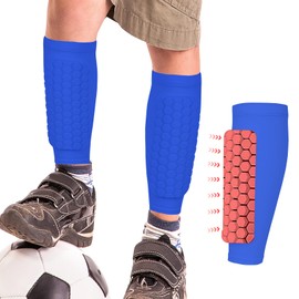 BoloShine 1 Pair Football Shin Guard Sleeves with Foam Padding, Breathable Professional Calf Protective Footless Shin Pads Socks for Sports Soccer Rugby Hockey Kids Boys Girls Adult Men Women(Blue)