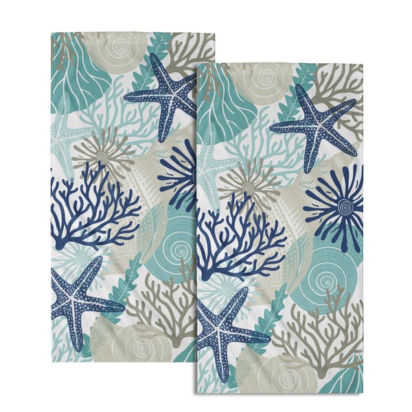 Ocean Blue Coral Hand Towels Set of 2 Nautical Coastal