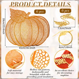 Mifoci Pumpkin Placemats Set of 6, Fall Napkin Rings Autumn Pumpkin Hollow Out Placemats for Dinner Table Decorations Holiday Thanksgiving Wedding Party