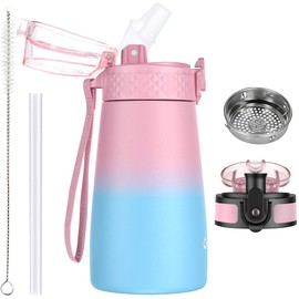 OLDLEY 350ml/12oz Kids Stainless Steel Water Bottle with Straw for School with 2 Different Lid Metal Vacuum Insulated Water Bottles Small Flask for Boys Girls Toddler Children Hot Cold Drinks BPA Free