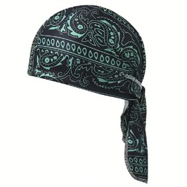 Headwrap Biker Hat Durag Skull Cap Helmet Liner Bandanna Green Black Paisley Moisture Wicking and Vented Micro Fiber Dry Fit Stretch