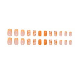 Orange Press on Nails Flower Fake Nails Nude False Nails with Design French Tip Glue on Nails Glossy Artificial Acrylic Nail Full Cover Stick on Nails for Women Manicure 24Pcs'