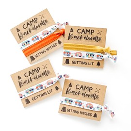 Pack of 10 CAMP Bachelorette Party Favors - 9 Getting Lit + 1 Getting Hitched Favor Cards + 2 hair ties per card