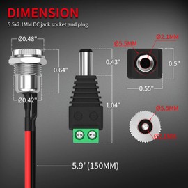 DaierTek DC Jack 5.5x2.1MM Pre-Wired Female DC Power Jack Panel Mount Barrel Jack with 5.5 x 2.1 MM Male DC Connector Plug Waterproof Cover for Audio Video CCTV DIY Appliances -6Pcs