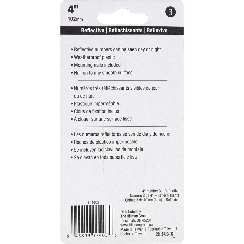 Hillman 841602 Reflective 4-Inch Nail Plastic House Number 3