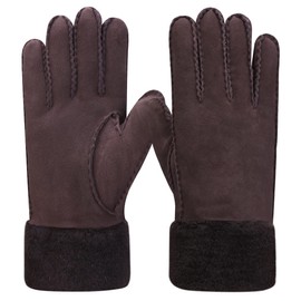 Harssidanzar Winter Leather Gloves,Ladies Cold Weather Sheepskin Shearling Heated Warm Furry Cuff Gloves KL023,Brown,Size L