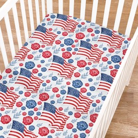 American Flag Blue Red Floral Baby Crib Sheets for Boys Girls 52"x28" Patriotic 4th of July Independence Day Soft Breathable Toddler Nursery Bed Sheet for Standard Crib and Toddler Mattresses White