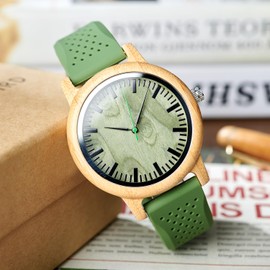 BOBO BIRD Mens Womens 44mm Big Neutral Bamboo Wooden Watch Unisex Japan Analog Quartz Green Silicone Strap Sports Casual Watches with Wood Box