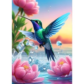 GDYEEH DIY 5D Hummingbird Diamond Art Kits, Pink Flowers Round Full Drill Sparkling Diamond Painting Picture, Bird Diamond Painting Art Kits Craft for Adults Beginners, Home Wall Decor 12x16 inch